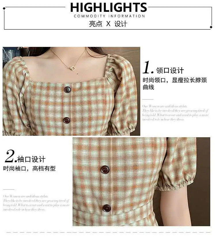 This 2022 summer new square-neck checkered puffed sleeve French retro knee-length dress is elegant, fashionable, waist-cinching and slimming pic 4