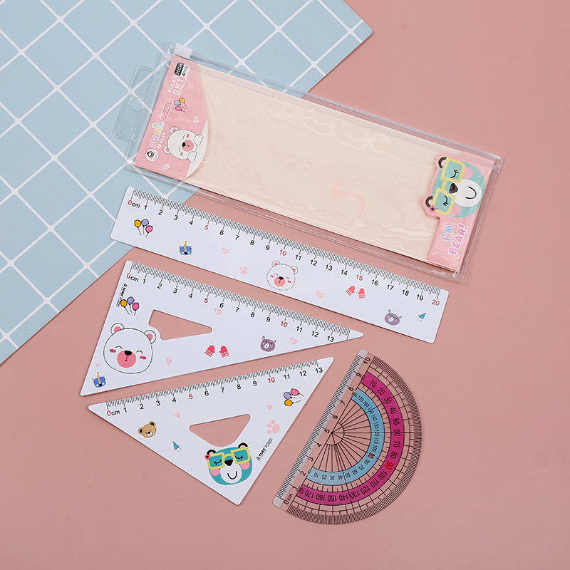 2021 New style cartoon student ruler set 20cm straight ruler, set square, protractor, color-printed ruler pic 12