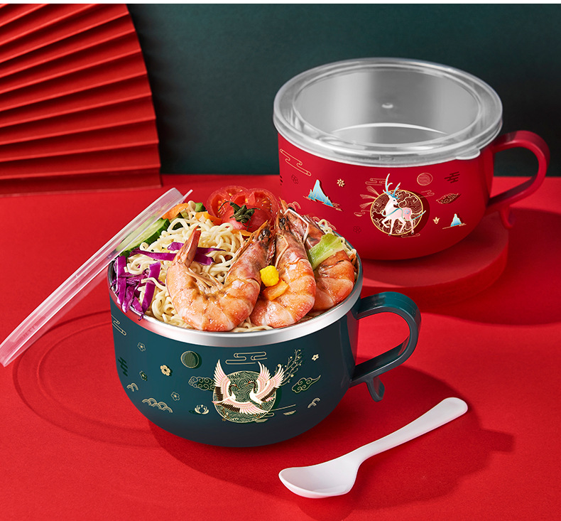 New stainless steel covered instant noodle bowl, Japanese-style cartoon multi-functional student dormitory double-layer instant noodle bowl with rice bowl pic 13