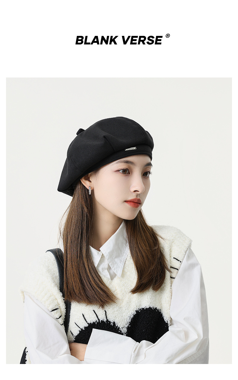 韩版秋冬毛呢金属标贝雷帽子女八角帽大头围显脸小时尚文艺画家帽详情1