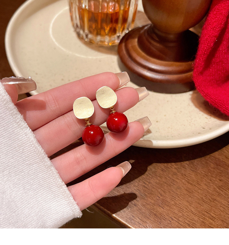 新年喜庆安可拉红色珠子耳钉女哑光拉丝几何形耳钉港风复工耳饰品详情21