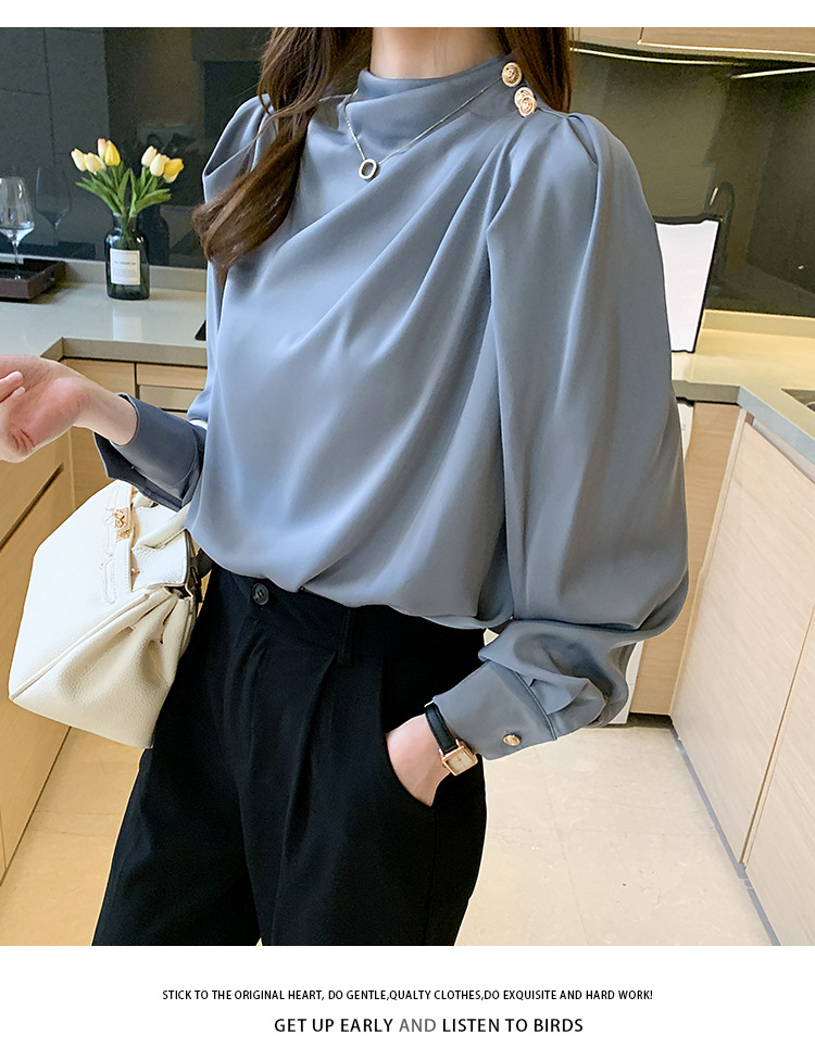 外贸供货2023轻熟气质立领褶皱灯笼袖时尚长袖上衣宽松女士衬衫详情37