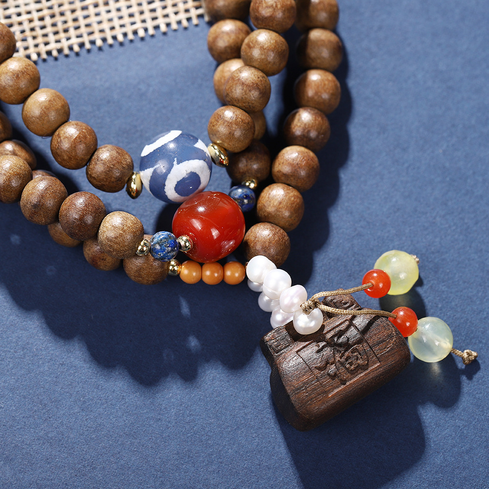 国潮藏式复古沉香木福字锁吊坠手链新中式多圈九尾狐流苏文玩佛珠手串详情6