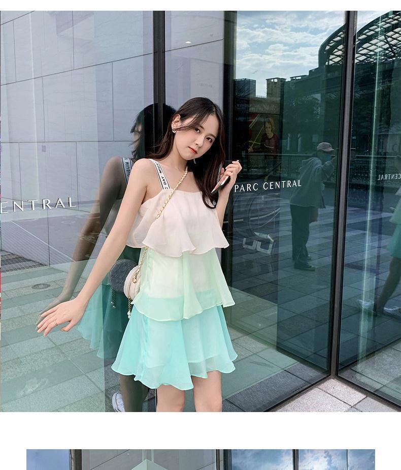 夏季新款时尚气质百搭韩版女装吊带裙粉色雪纺连衣裙无袖渐变裙子详情6