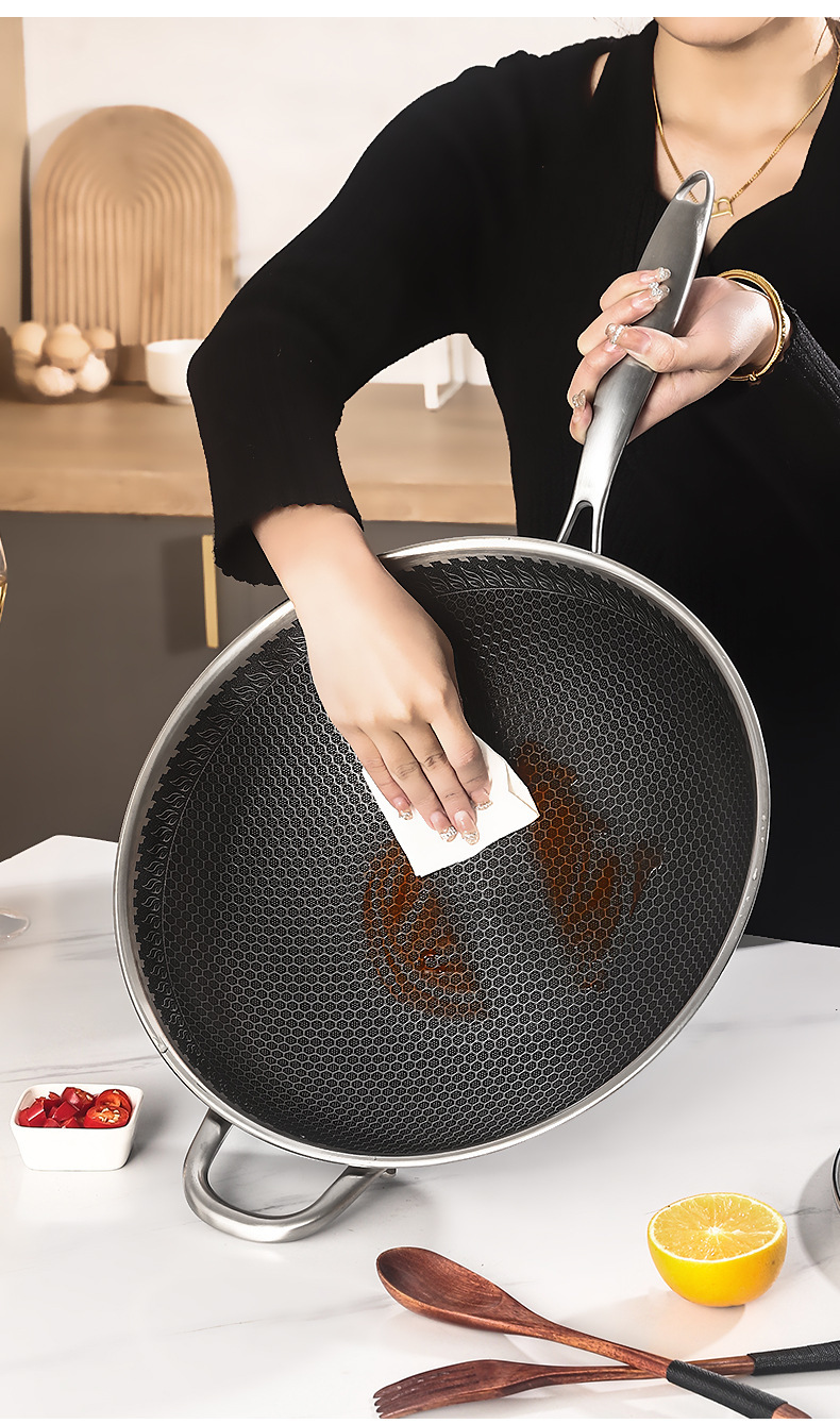 Three-layer steel, two-sided screen, steel handle, household flat-bottomed non-stick wok, stainless steel honeycomb wok, stainless steel wok, wok, ladle, frying pan, single-handle wok, kitchenware, kitchen utensils, one-piece consignment pic 18