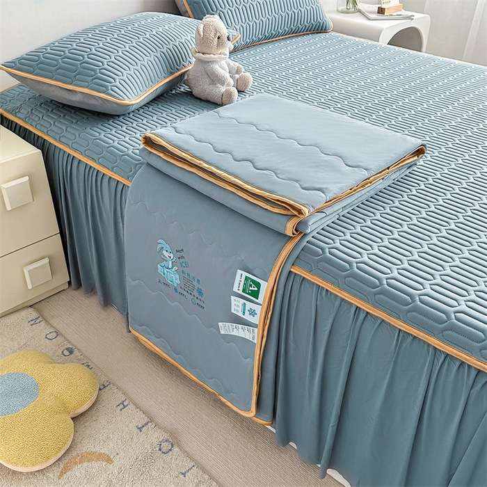 Thai solid-color cool silk latex bed skirt style cool mat four-piece set, air-conditioned quilt, soft cool mat, cool mat, summer cool quilt pic 14
