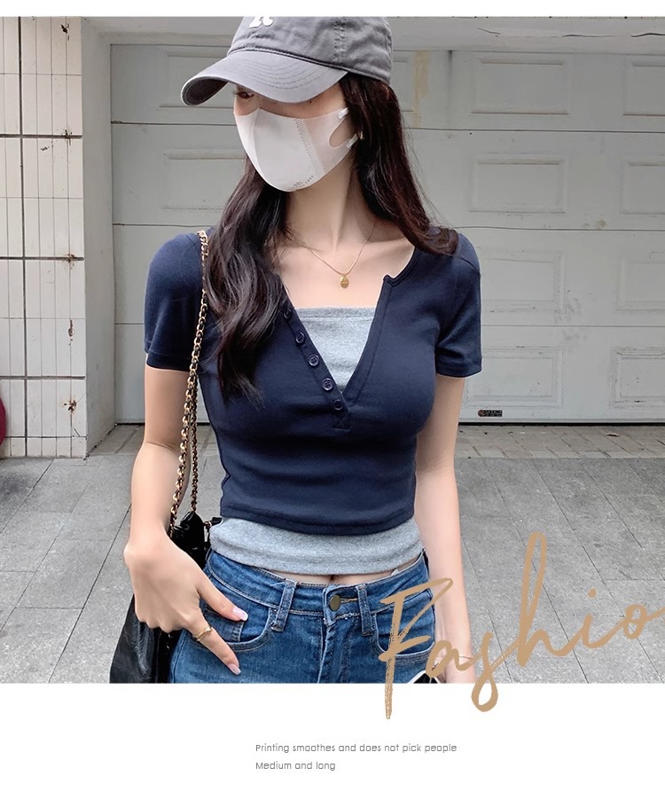 Pink V-neck off-the-shoulder T-shirt for women, short sleeve, new spring and summer style, two-piece design, slim and short, pure and sensual pic 32