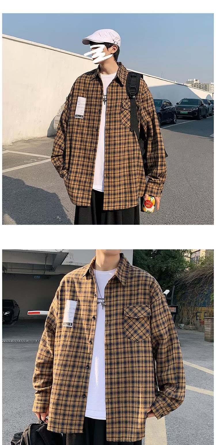 美式春秋季日系长袖格子衬衫男士韩版潮流ins网红休闲款衬衣外套详情35