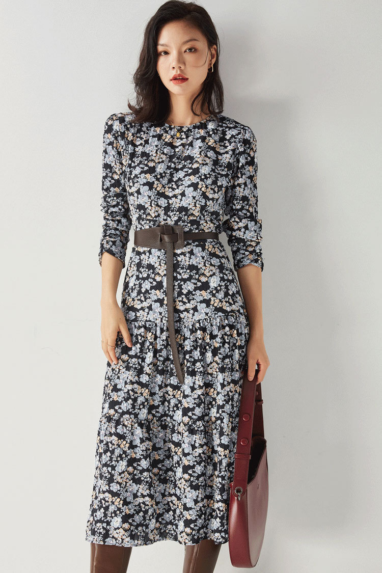 Shenghong 2023 Spring French Elegant Style Floral round-neck Loose Slimming Pleated Mid-length Dress 11213 pic 5