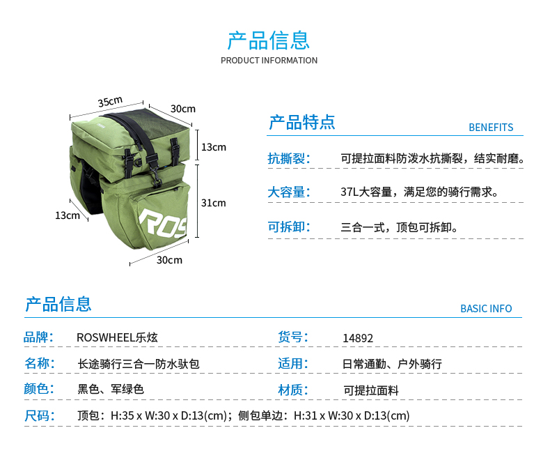 ROSWHEEL乐炫14892 自行车包驮包后货架包山地车三合一川藏线驼包详情2
