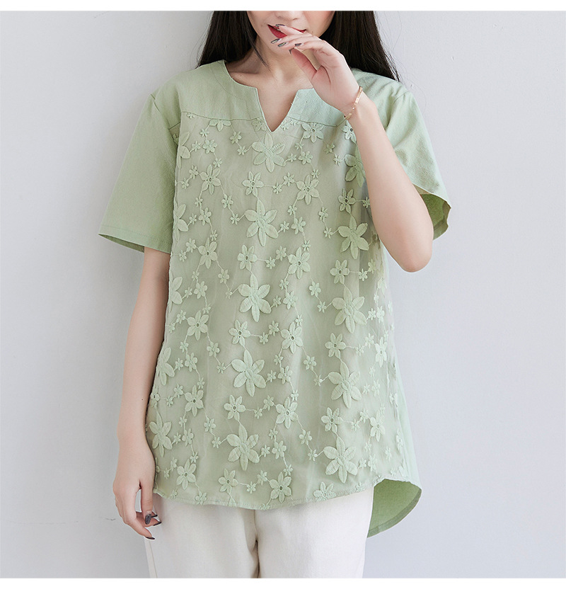 2022夏季新款速卖通欧美女装蕾丝刺绣短袖衬衫宽松女士上衣T恤详情22
