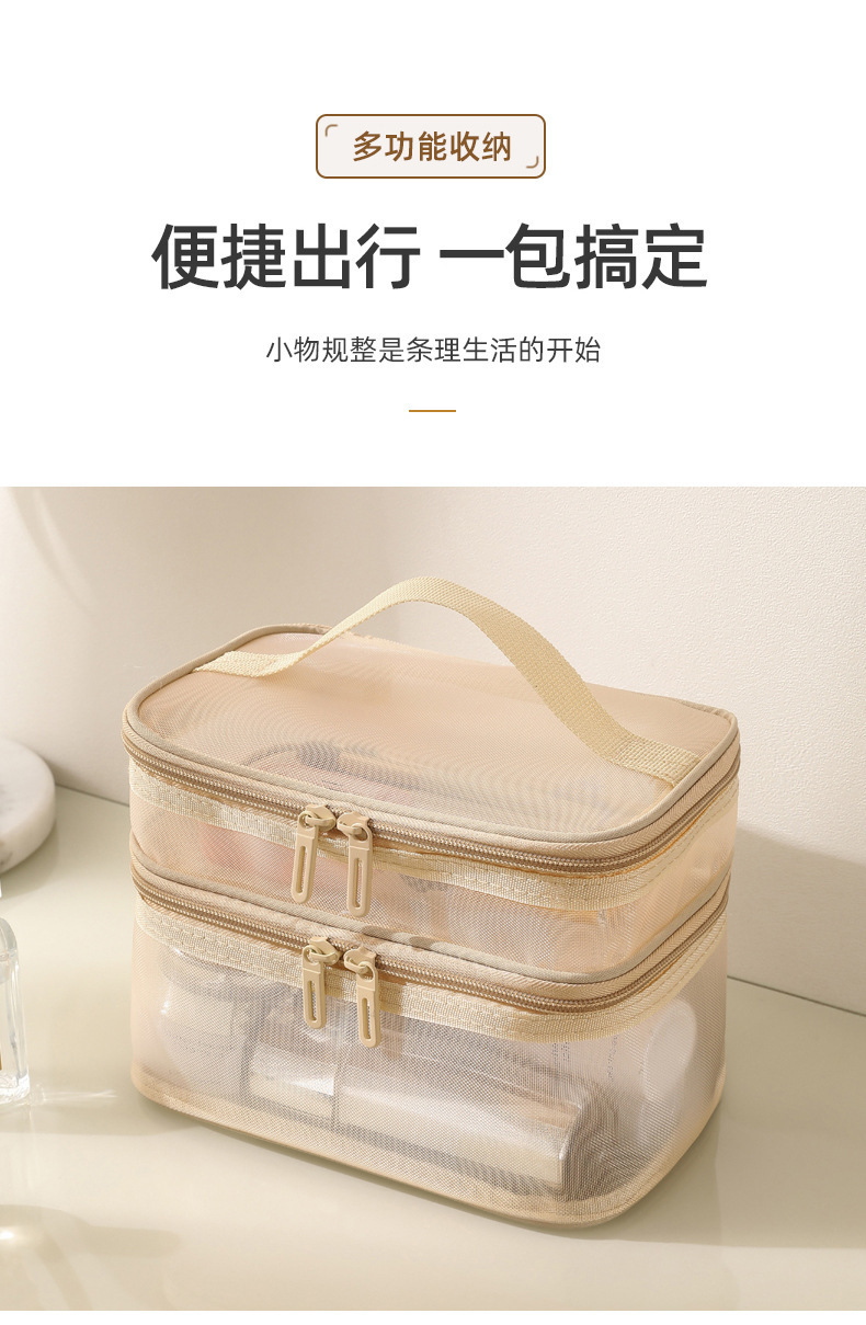 跨境现货新款手提包化妆包便携式透明大容量双层网纱洗漱收纳包袋详情10