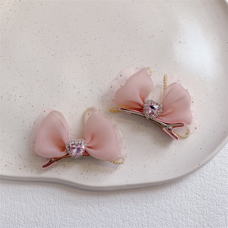 儿童粉色网纱立体蝴蝶结发夹对装边夹女童扎头发皮筋发圈头绳发饰详情4