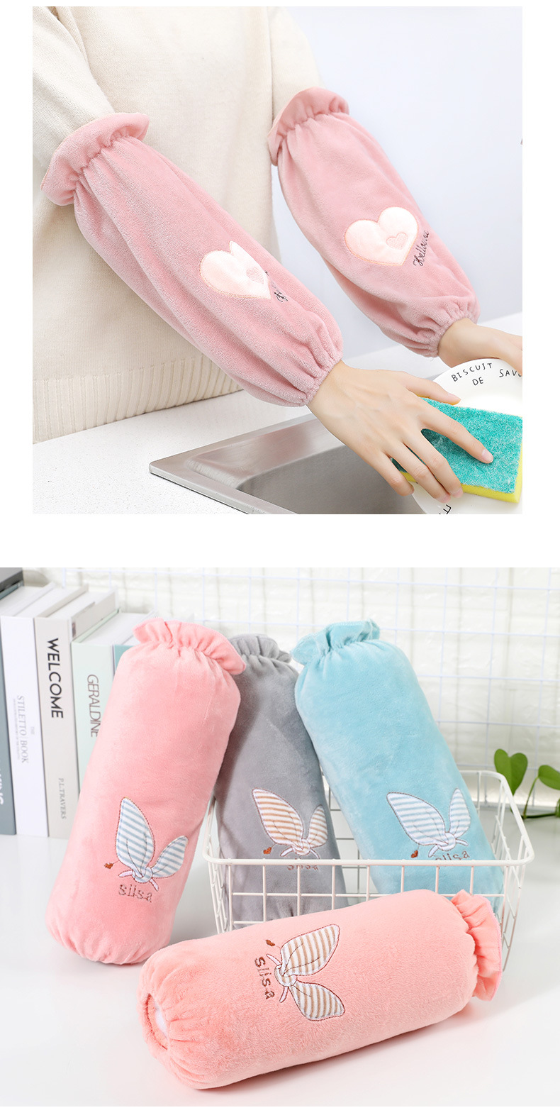 Autumn and winter crystal fleece sleeve, Korean-style bow, solid color long adult sleeve guard, sleeve cover pic 12