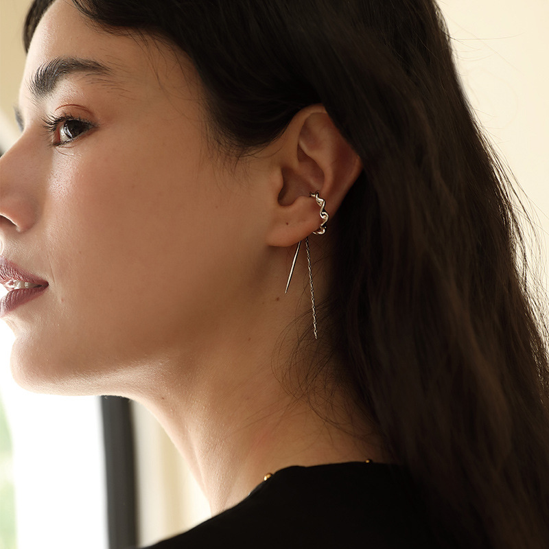 Long ear-clip-style earrings without ear piercings, simple and elegant for women, a niche European and American twisted long tassel ear-hanging bone clip pic 24