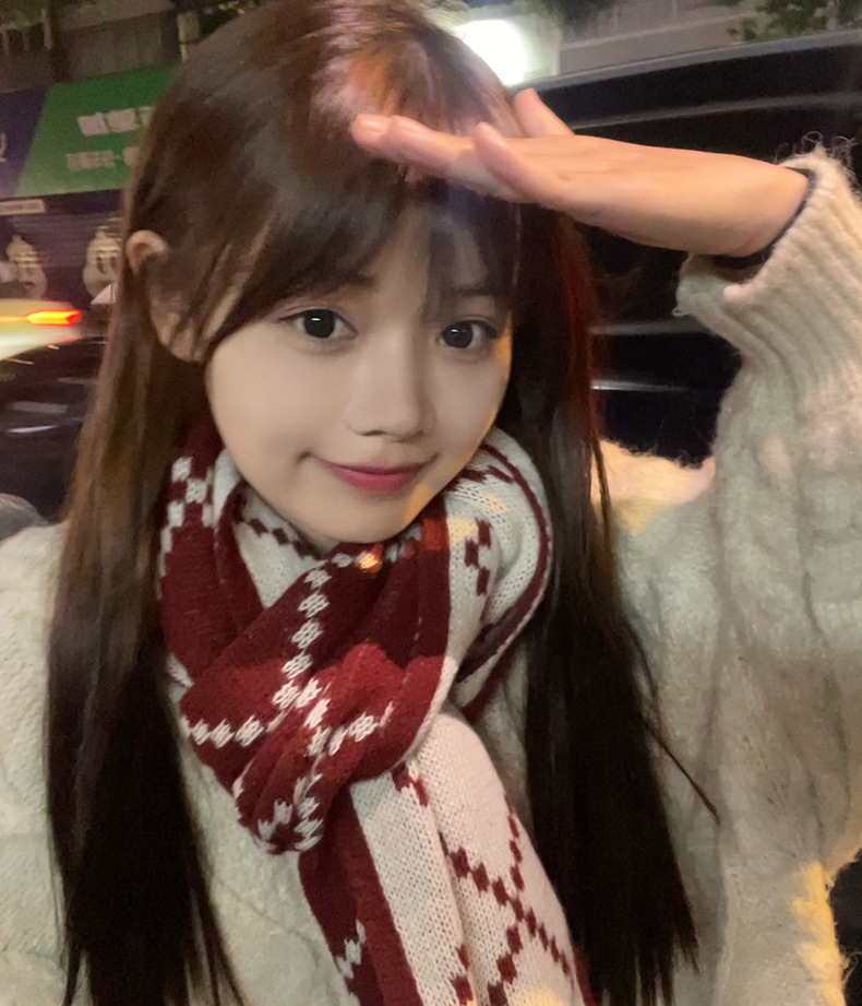 围巾女秋冬款韩版格子双面菱形围巾情侣高档百搭毛线围脖双面保暖详情14