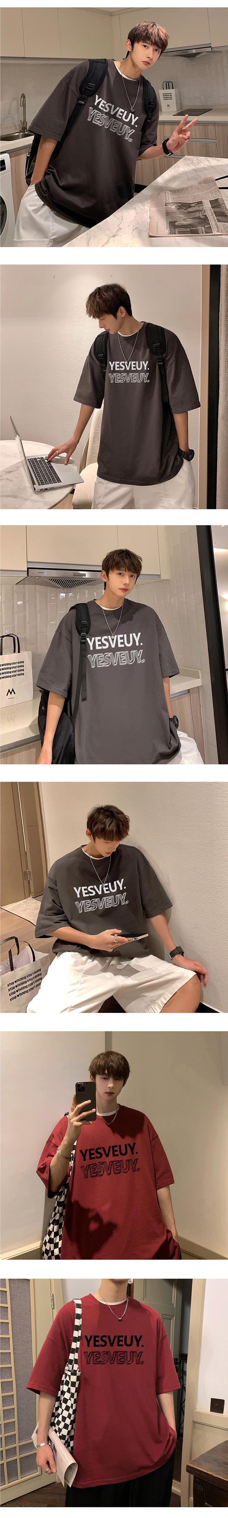 同款重磅纯棉短袖t恤美式复古男酒红色潮牌ins港风休闲宽松半袖上详情6