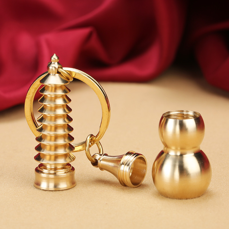 Brass open cinnabar bottle gourd keychain copper ring Wenchang Pagoda keychain small pendant wholesale pic 3