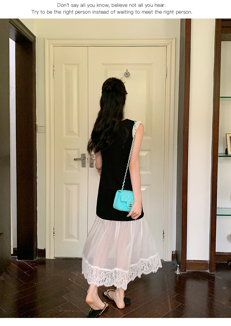 爱西里2024夏季法式温柔蕾丝拼接小黑裙欧根纱撞色连衣裙女11210详情14