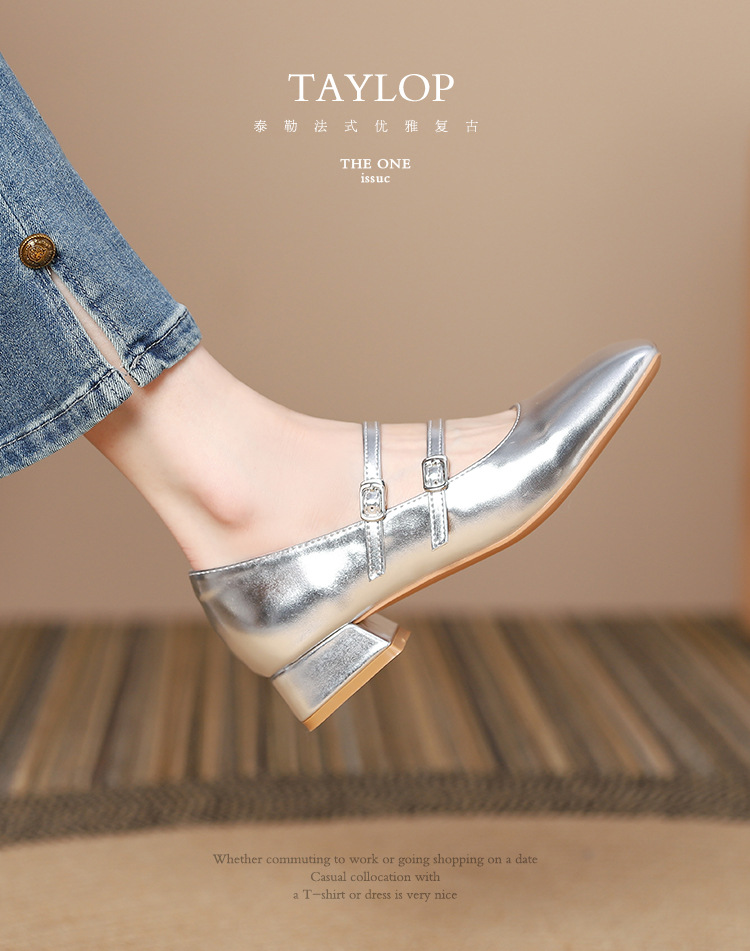 The new 2024 Spring/autumn collection of Mary Jane shoes, featuring a stylish square-toed one-shoulder style, is made of genuine leather with a shallow opening, thick mid-heel, and is a wedding shoe pic 13