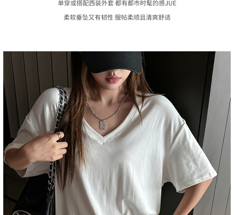 夏季韩系大版落肩袖V领短袖t恤女式基础款外穿高级感慵懒风上衣潮详情3