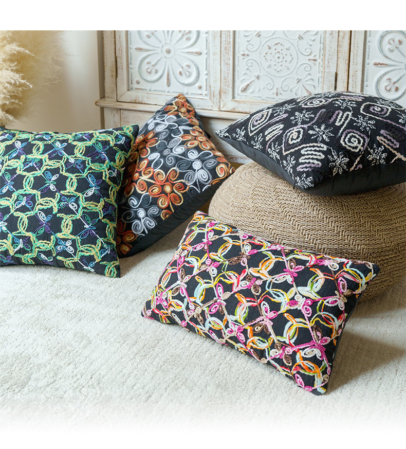 Cotton thread embroidery, geometric lines, flowers, exotic Moroccan throw pillows, cushions, backrests, pillowcases pic 2