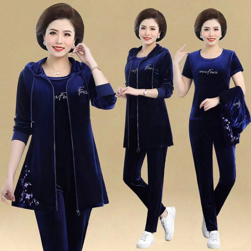 Middle-aged casual set for women in autumn, stylish, long velvet coat for middle-aged and elderly people, and a three-piece set for moms pic 16