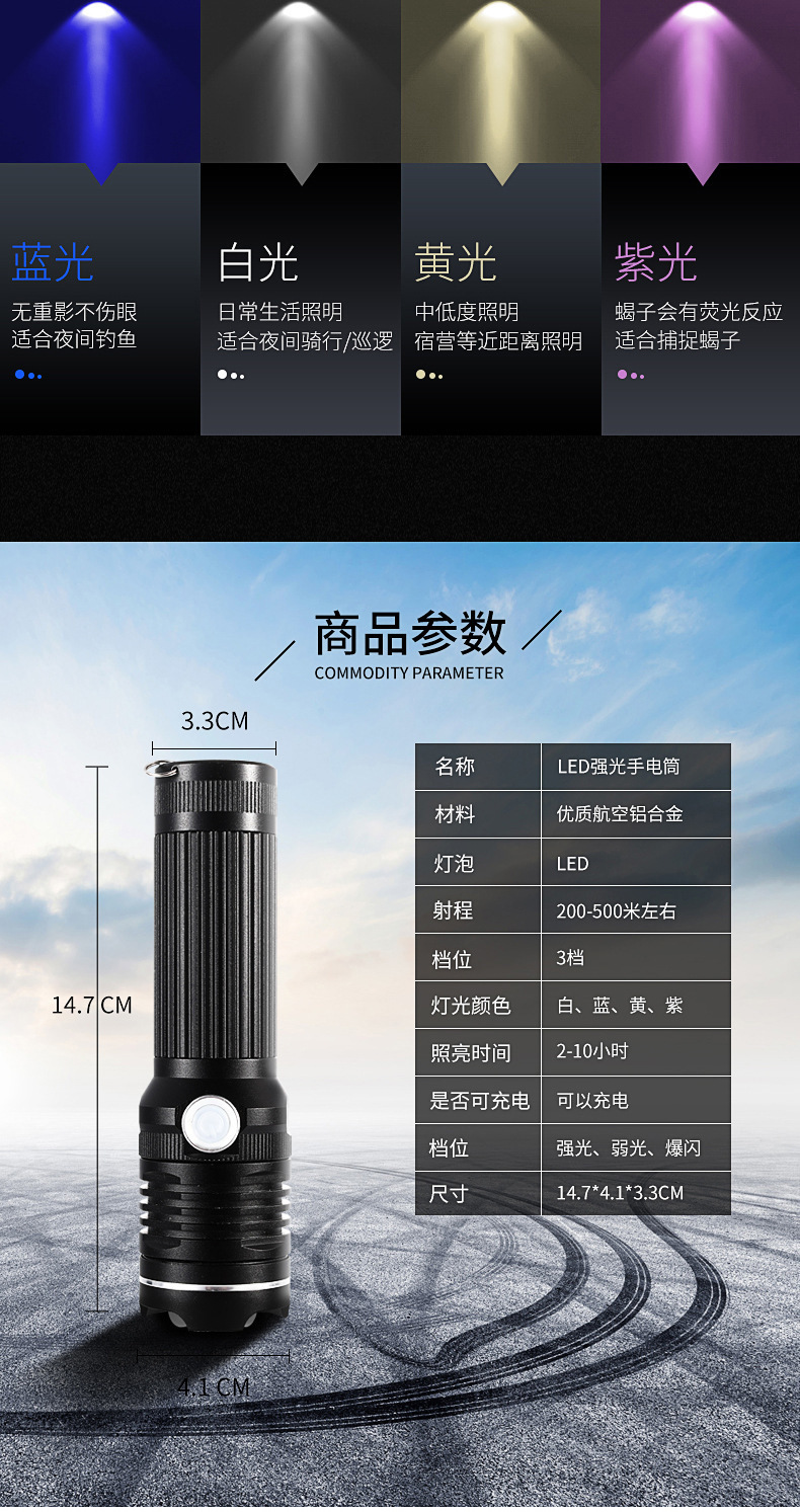 A powerful flashlight with four-color light source, USB direct charging, outdoor fishing and scorpion catching, blue and purple zoom flashlight, new cross-border model pic 3