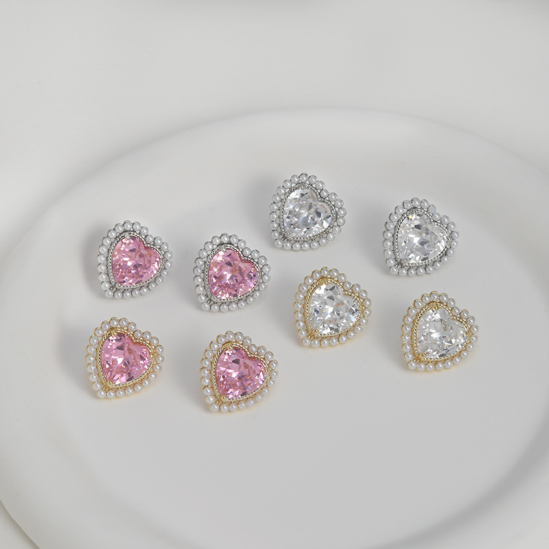 秋冬新款微镶锆石气质耳钉女S925银针高级感粉色爱心耳饰珍珠耳坠详情2