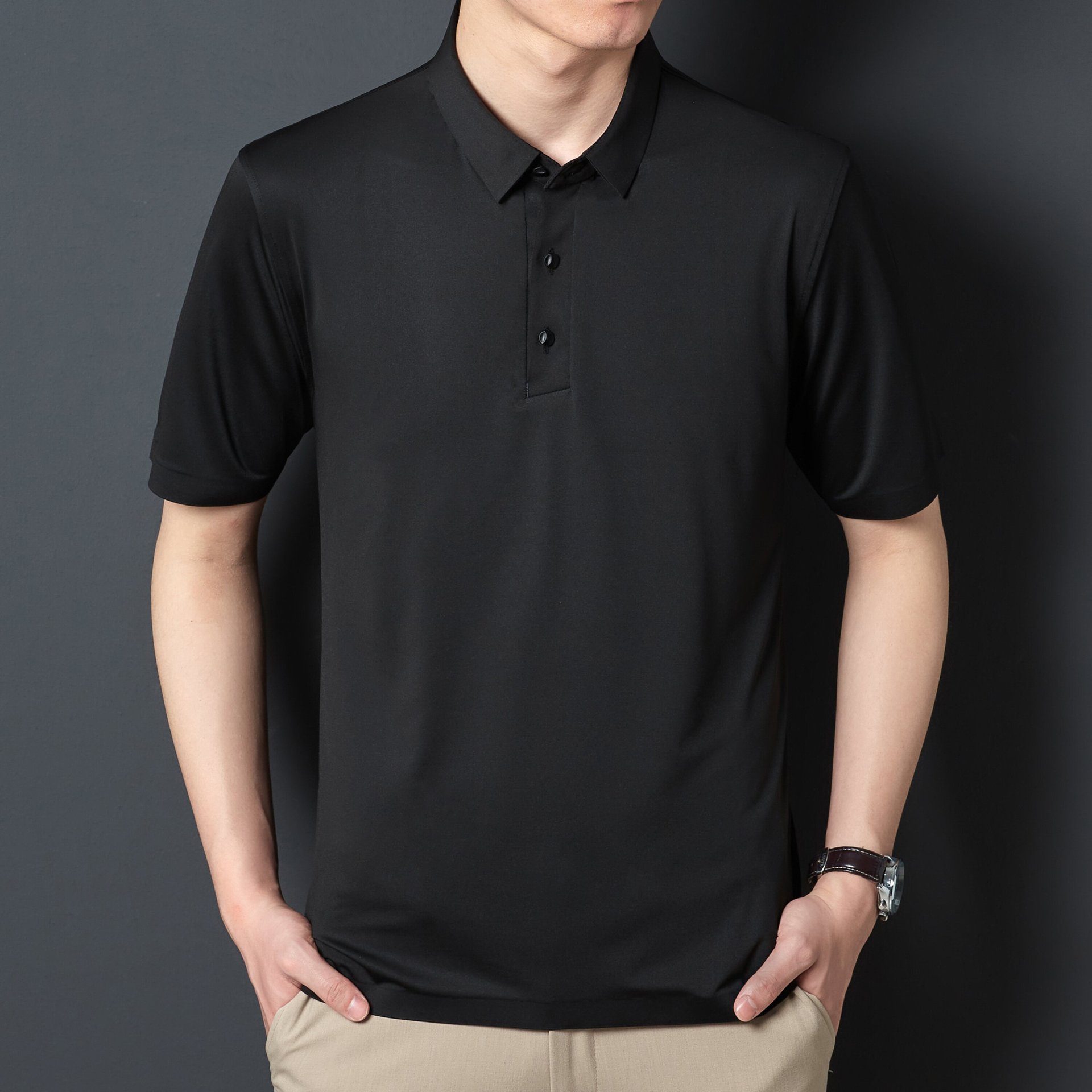 Short-sleeved T-shirt for men, seamless, glue-free, non-ironing, silk-smooth, high-elasticity business casual, slimming polo shirt for men pic 1