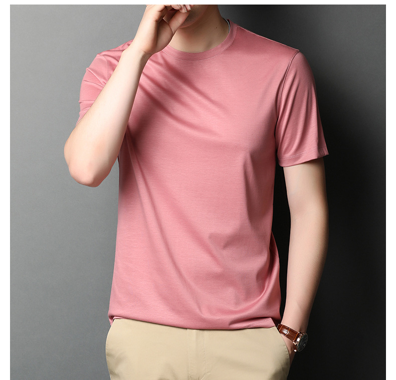 A new short-sleeved T-shirt for men made of mulberry silk in summer, with a round neck and solid color. It is a simple and thin Korean-style trendy base layer made of silk pic 41