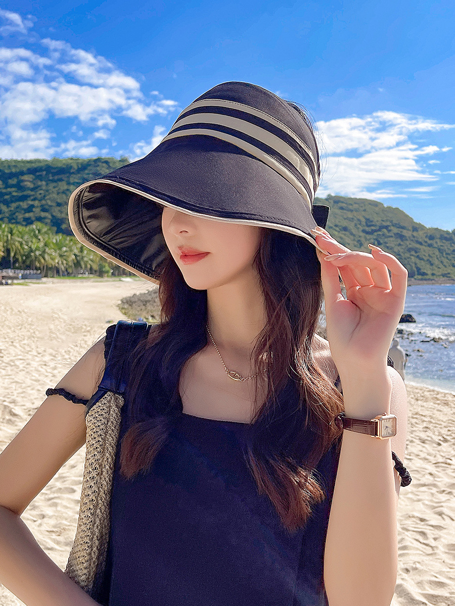UV high-magnifying sun protection hollow top hat, new Korean version striped black rubber sun hat, spring and summer new simple hat, foldable pic 13