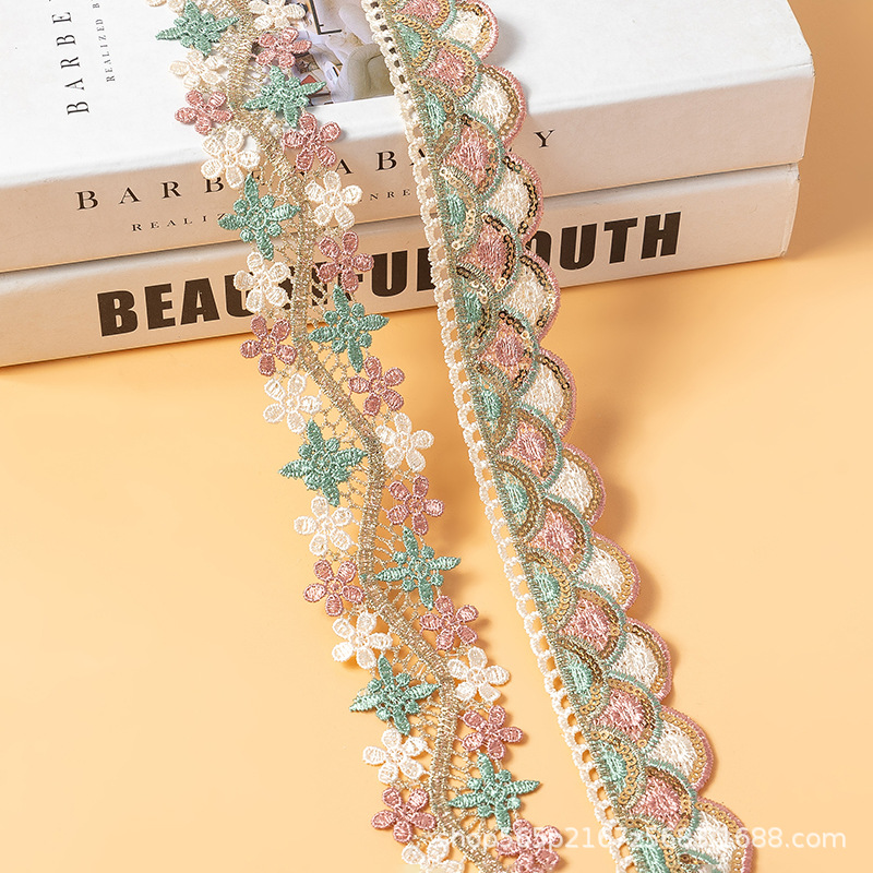 新款民族风刺绣水溶花边复双色金色平绣线彩色亮片花边服装辅料详情2