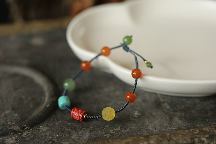 Natural multi-treasure hand-woven bracelet, amber, turquoise, south red agate, jasper and cinnabar, handcrafted style pic 7