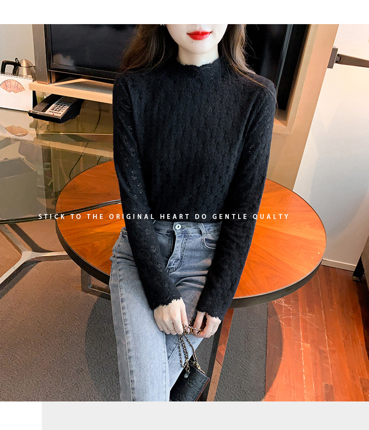 A stylish and youthful 2023 autumn collection, paired with a semi-high-neck top, long-sleeved small stand-up collar, and a youthful lace base layer for women pic 13