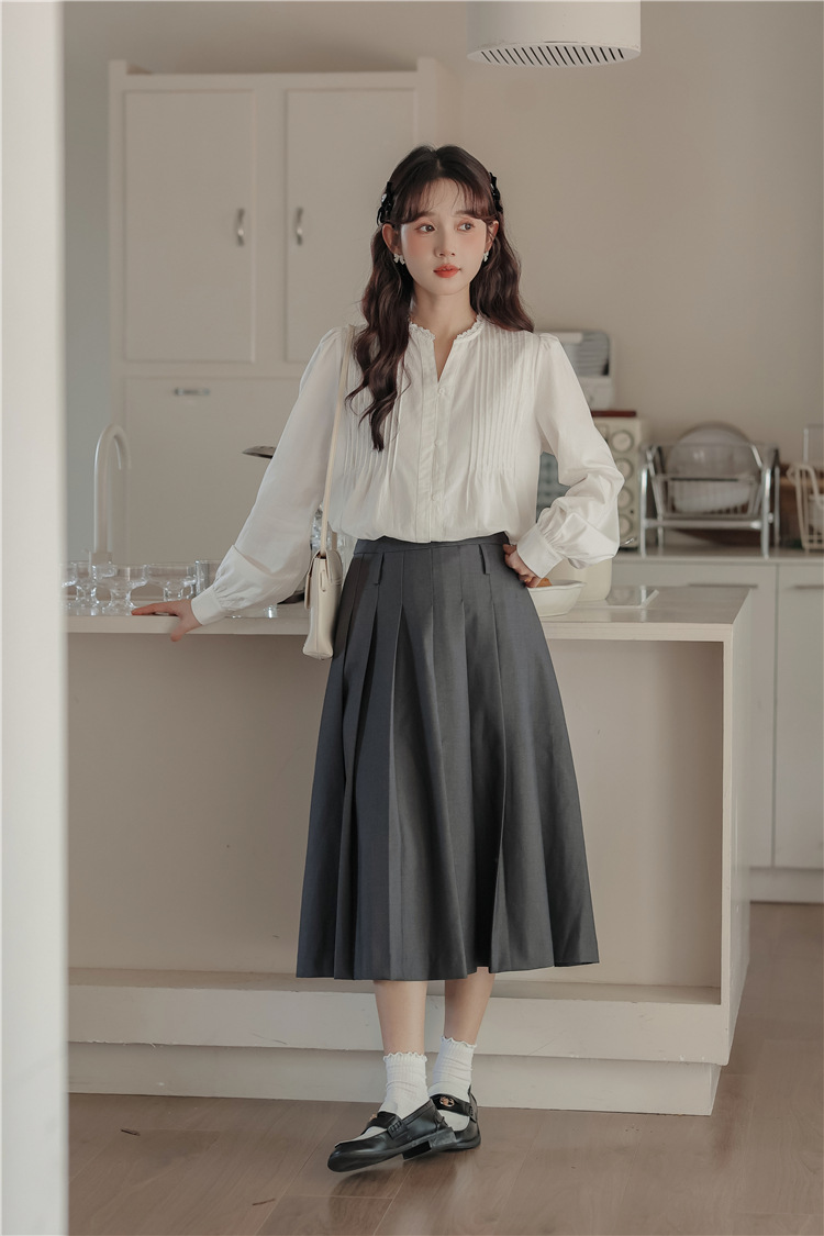 2024秋季新款韩版法式v领蕾丝衬衣女设计感褶皱长袖衬衫宽松上衣详情9