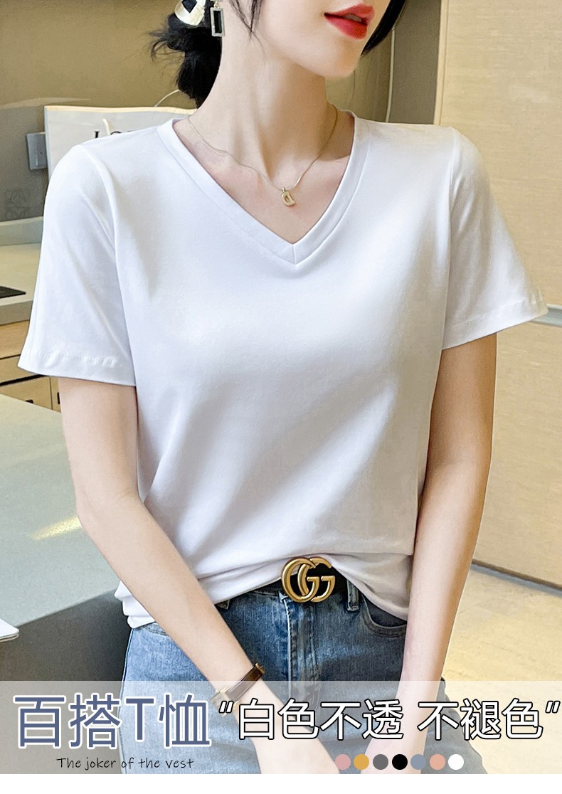 夏装宽松白色纯棉V领T恤女短袖2023新款时尚气质洋气小衫正肩体恤详情1