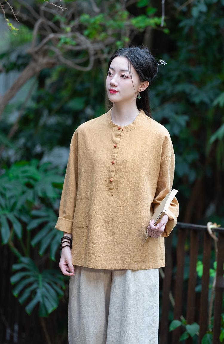 2024春夏棉麻女装新品亚麻立领拼色盘扣套头大码上衣女式棉麻衬衫详情48