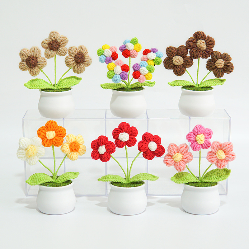 Finished hand-woven lily of the ear potted home decoration, knitted artificial flower yarn, crocheted sunflower bouquet gift pic 10