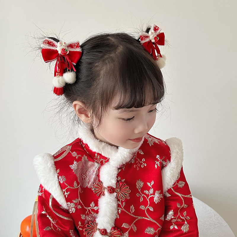 新年款红色古风流苏发夹儿童汉服发卡头饰女童复古蝴蝶结发夹发饰详情28