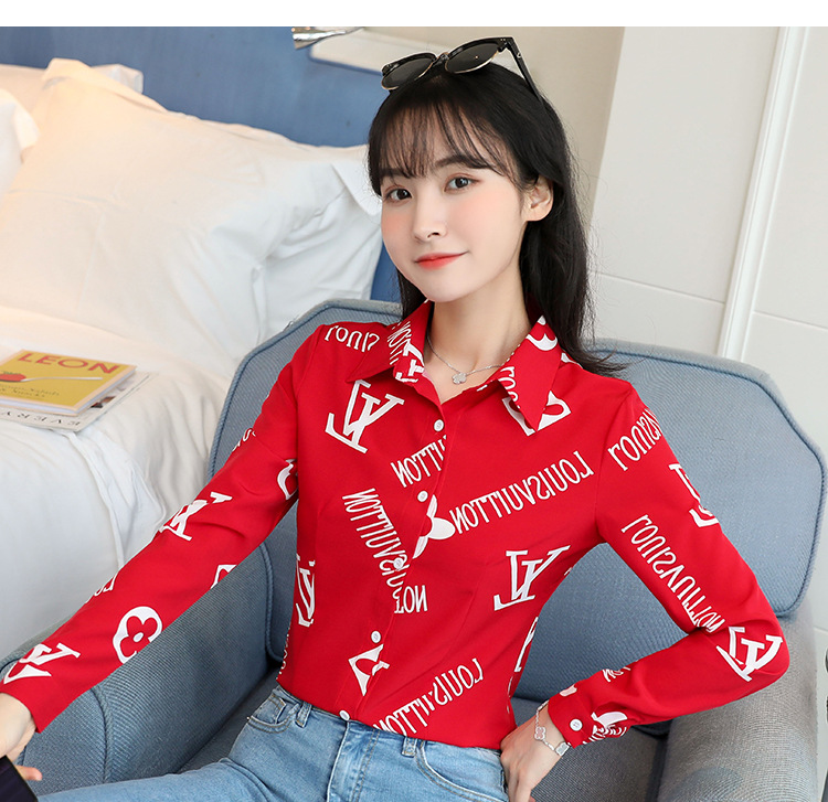 New spring and autumn Korean-style slim-fit shirt for women, long-sleeved printed striped trendy base layer, Hong Kong-style top for women pic 49