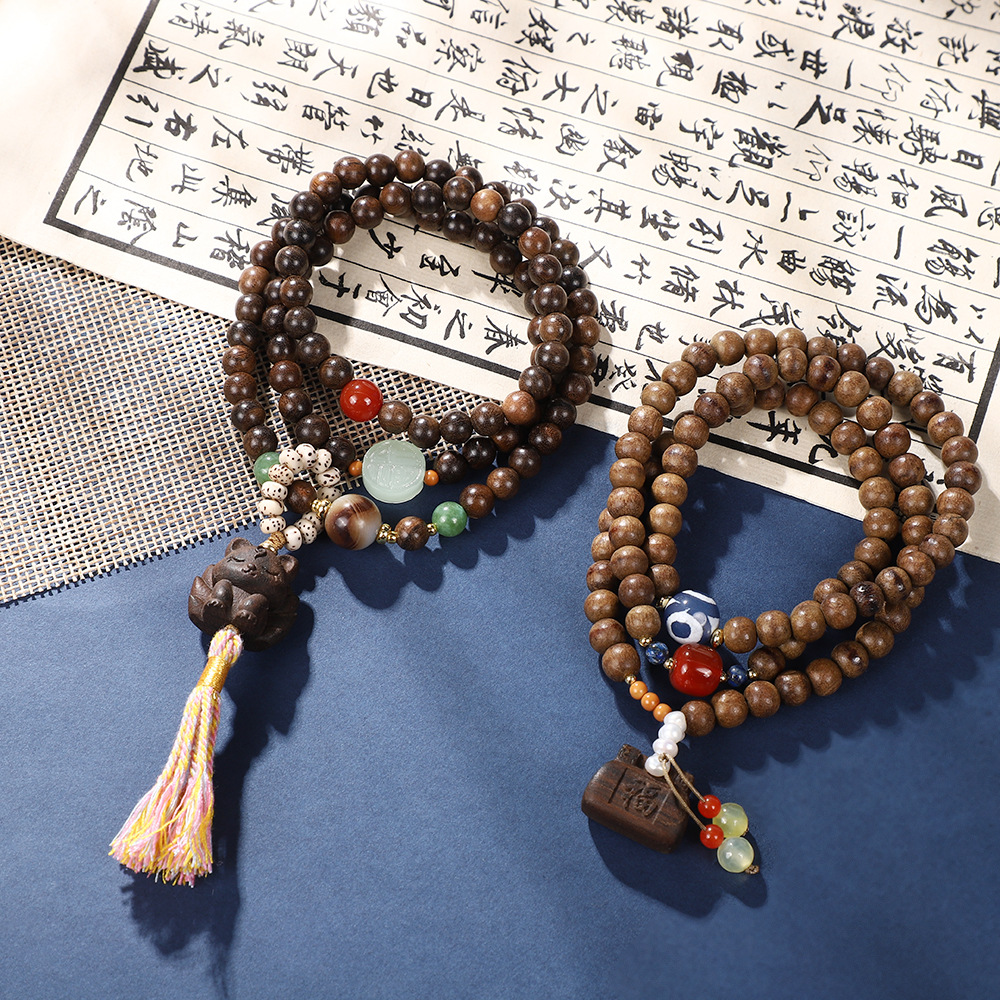 国潮藏式复古沉香木福字锁吊坠手链新中式多圈九尾狐流苏文玩佛珠手串详情3