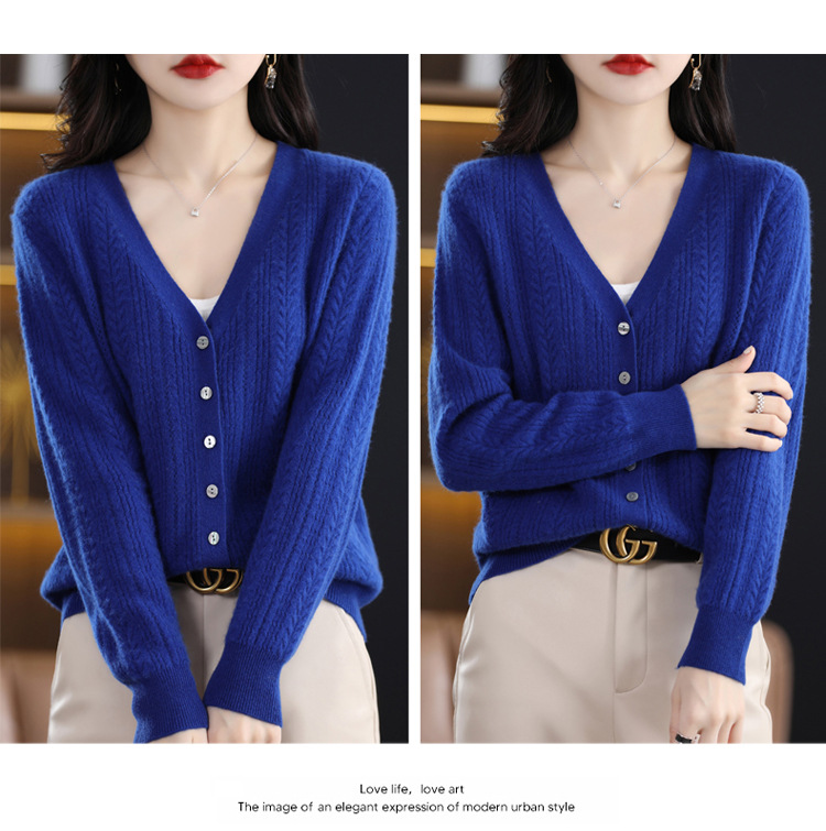 绒狼2023秋冬新款女士V领羊毛针织麻花开衫宽松长袖短款外套女详情30