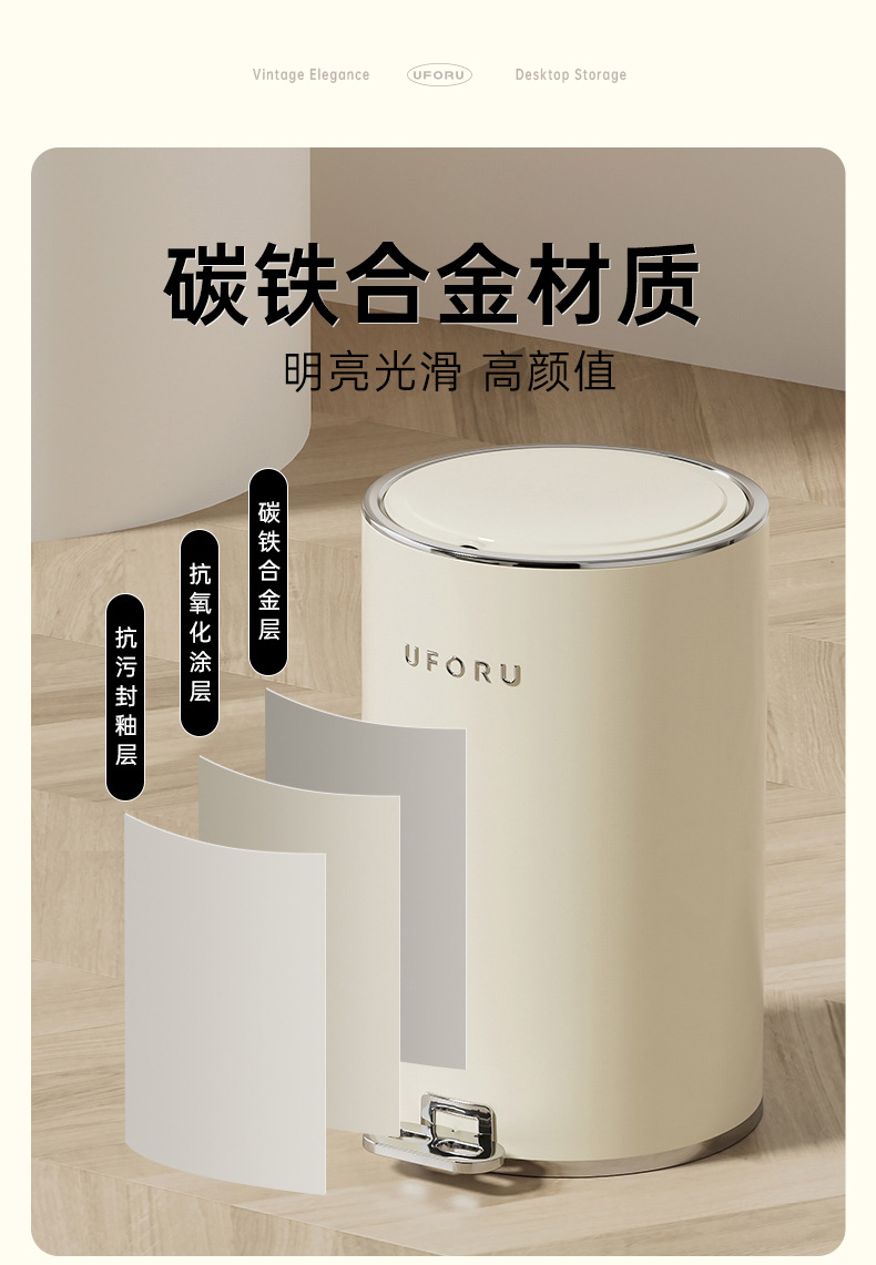 圆形脚踏垃圾桶家用大容量厕所厨房客厅高颜值带盖防水铁艺垃圾桶详情23