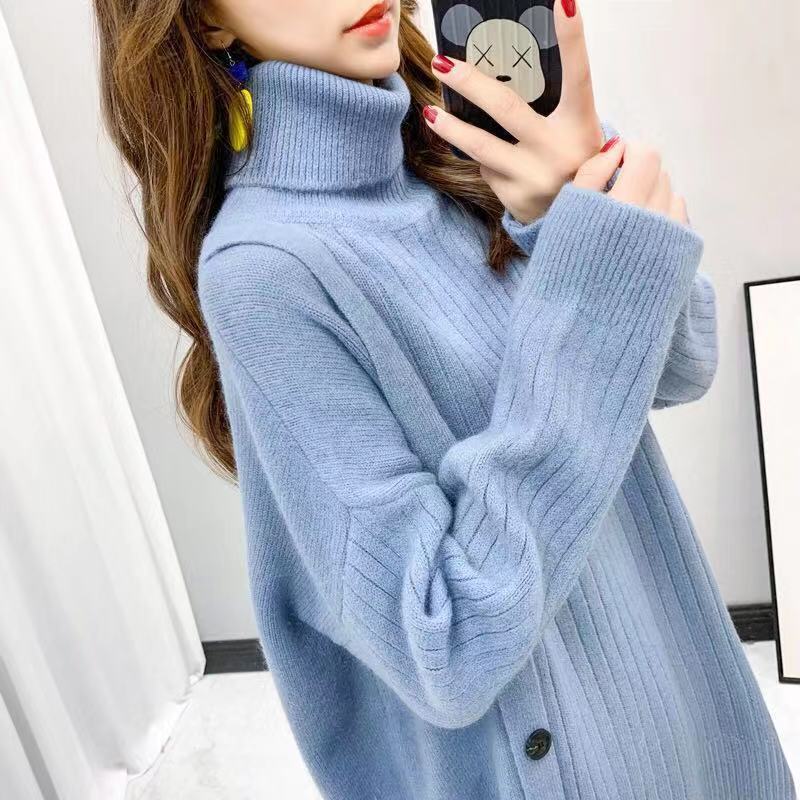 A new Korean style high-neck sweater for women in the autumn and winter of 2023, a loose and laid-back mid-length irregular knitted top pic 17