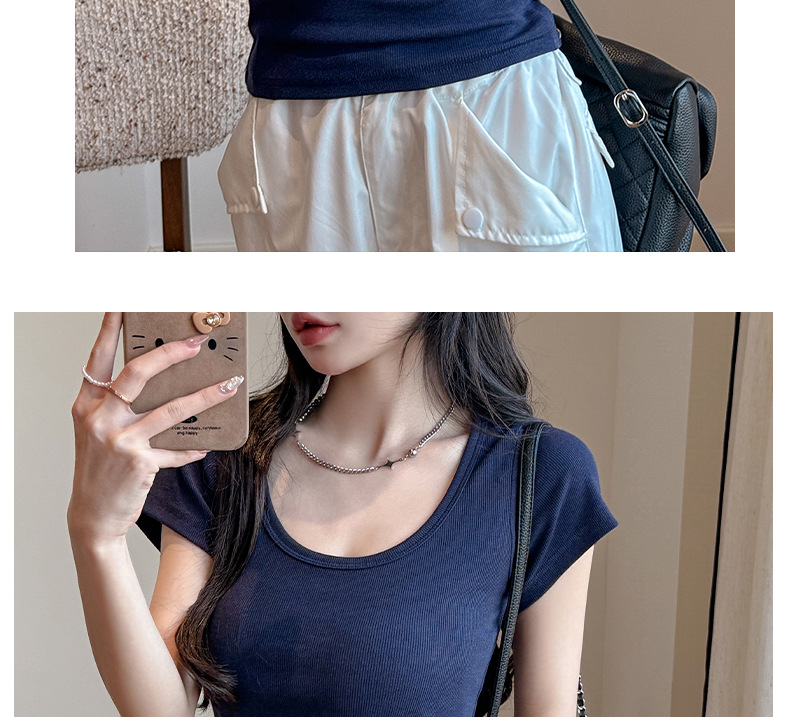 螺纹大圆领正肩短袖t恤女式夏季内搭显瘦高级感纯欲T恤上衣打底衫详情20