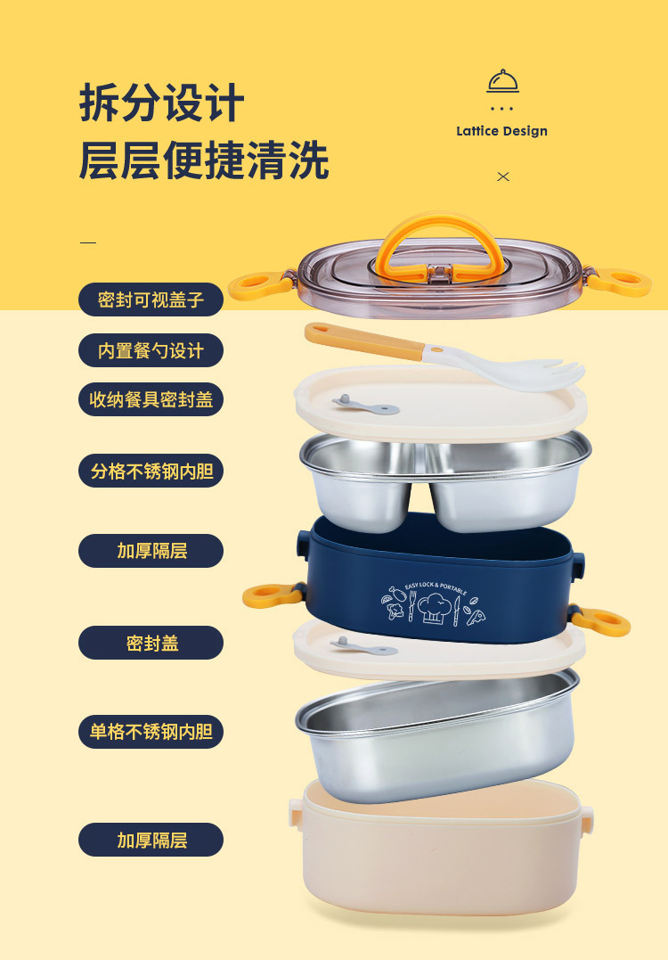 INS网红椭圆双层不锈钢饭盒 学生便当盒便携成人食堂办公保温餐盒详情7