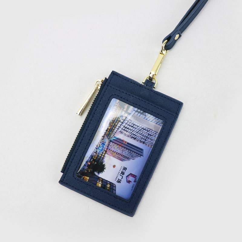 Genuine cowhide brand ID card holder, portable work name tag, employee name tag, cross-patterned neck-hanging, zipper card case, coin purse pic 44