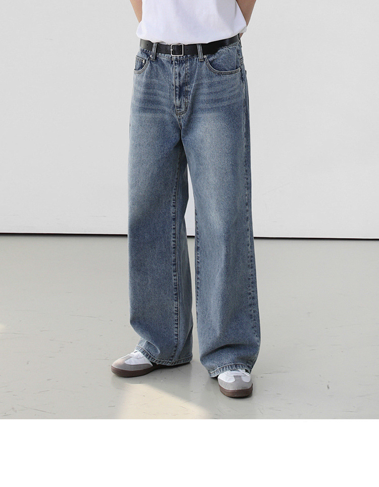 BJ复古水洗牛仔裤男士夏季薄款宽松长裤子韩版潮流阔腿直筒裤详情5