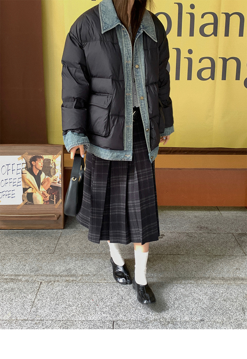 Qumeng DT CLASSIC Retro patchwork fake two-piece denim down jacket for women, 90 white duck down winter coat for women pic 8